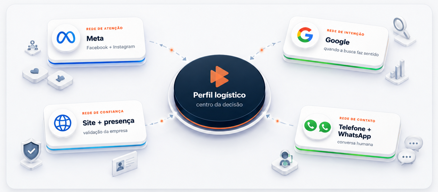 Meta, Google, site e presença, telefone e WhatsApp conectados ao perfil logístico